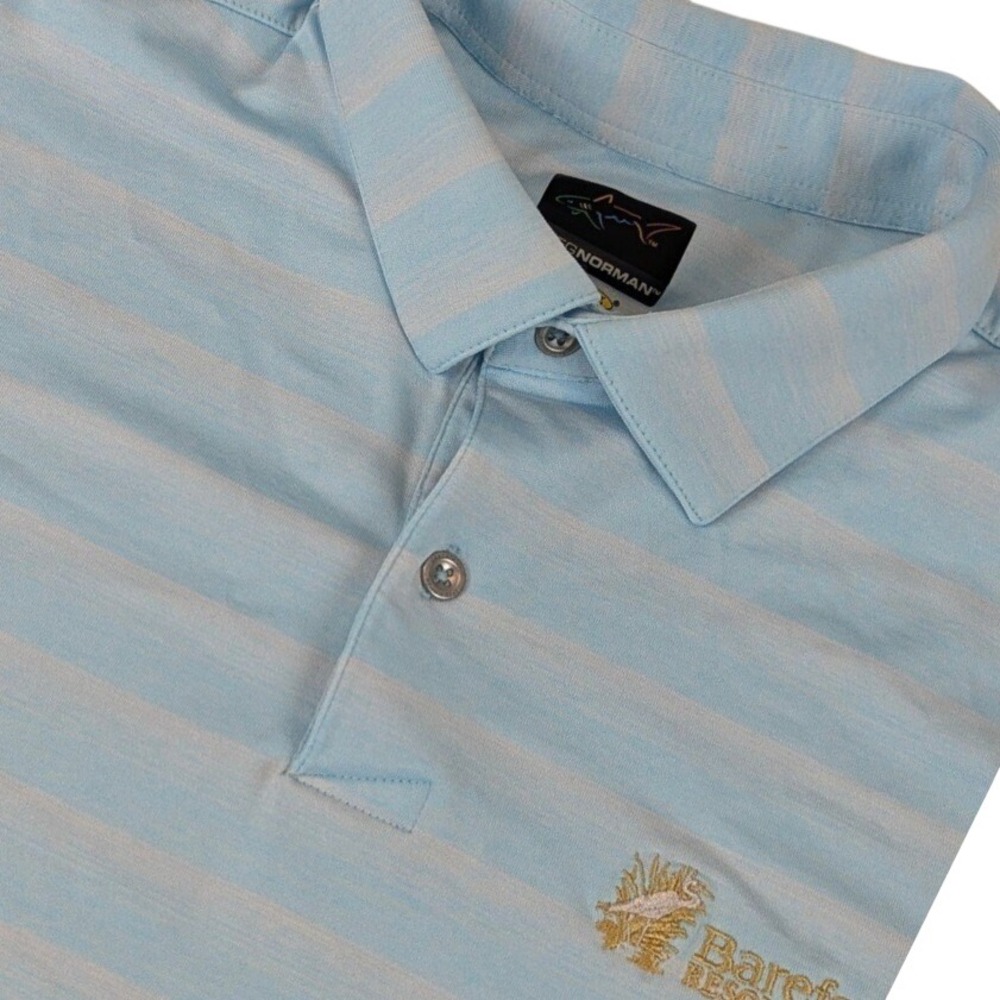Greg Norman Play Dry Golf Polo Shirt Mens Large Blue Striped Barefoot Resort